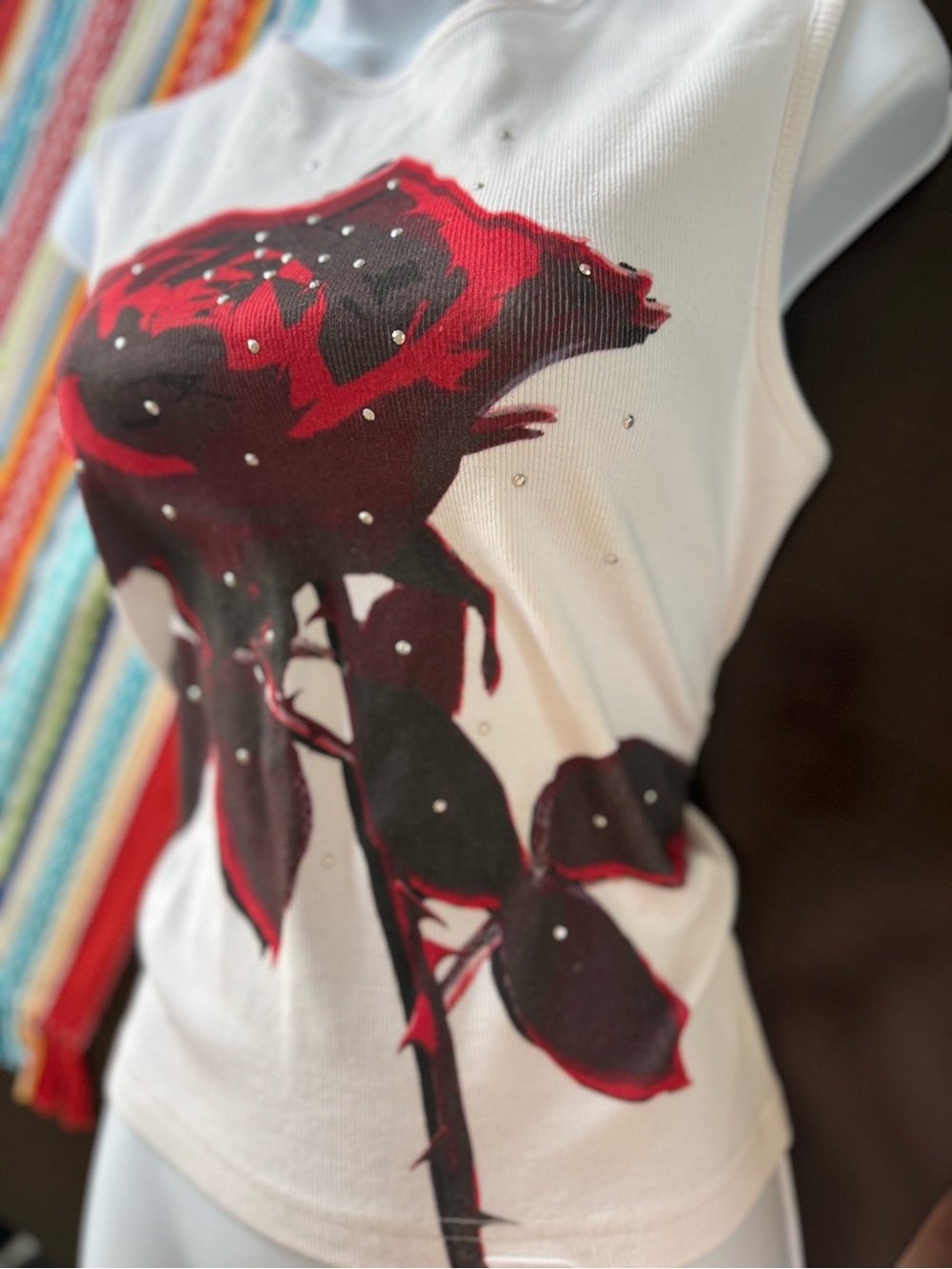 Daisy White Tank Top with Red & Black Rose Graphic